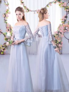 Grey Off The Shoulder Neckline Lace Quinceanera Dama Dress 3 4 Length Sleeve Lace Up