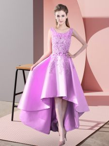 Artistic Lilac Satin Zipper Scoop Sleeveless High Low Court Dresses for Sweet 16 Lace