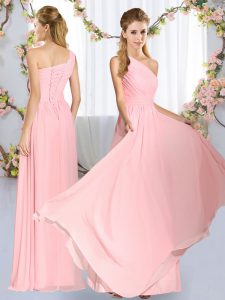 Baby Pink Lace Up One Shoulder Ruching Dama Dress for Quinceanera Chiffon Sleeveless