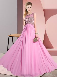 Rose Pink Sleeveless Beading and Appliques Floor Length Quinceanera Dama Dress