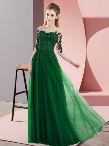 Half Sleeves Chiffon Floor Length Lace Up Court Dresses for Sweet 16 in Dark Green with Beading and Lace