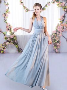 Modest Grey Empire Halter Top Sleeveless Chiffon Floor Length Lace Up Belt Dama Dress for Quinceanera