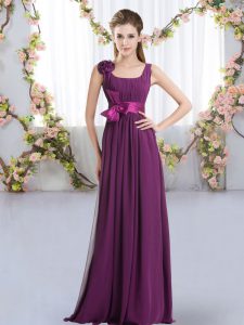 Dazzling Dark Purple Empire Straps Sleeveless Chiffon Floor Length Zipper Belt and Hand Made Flower Vestidos de Damas