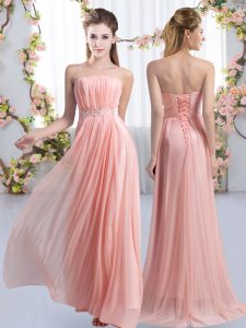 Ideal Pink Strapless Lace Up Beading Damas Dress Sweep Train Sleeveless