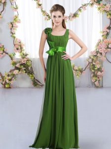 Romantic Sleeveless Chiffon Floor Length Zipper Vestidos de Damas in Green with Belt and Hand Made Flower