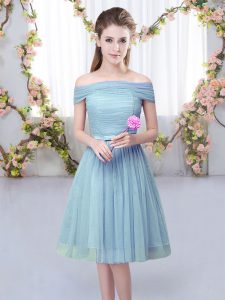 Inexpensive Knee Length Lace Up Vestidos de Damas Blue for Wedding Party with Belt