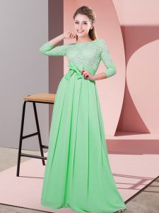 Apple Green Scoop Side Zipper Lace and Belt Quinceanera Court Dresses 3 4 Length Sleeve