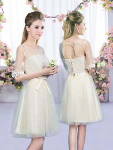 Champagne Half Sleeves Mini Length Lace and Bowknot Lace Up Dama Dress