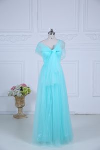Aqua Blue Sleeveless Floor Length Ruching Zipper Dama Dress for Quinceanera