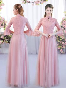 3 4 Length Sleeve Tulle Floor Length Zipper Damas Dress in Pink with Lace