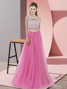 Rose Pink Tulle Zipper Dama Dress Sleeveless Floor Length Lace