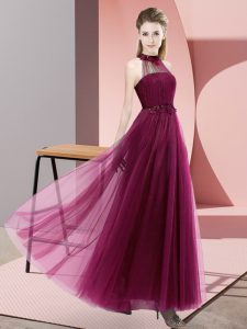 Fuchsia Empire Tulle Halter Top Sleeveless Beading and Appliques Floor Length Lace Up Quinceanera Court of Honor Dress