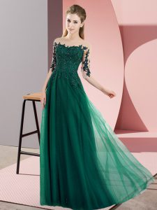 Beautiful Dark Green Empire Bateau Half Sleeves Chiffon Floor Length Lace Up Beading and Lace Vestidos de Damas