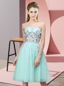 Traditional Knee Length Apple Green Court Dresses for Sweet 16 Tulle Sleeveless Appliques