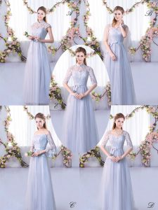 Grey Empire Lace Quinceanera Dama Dress Lace Up Tulle Cap Sleeves Floor Length