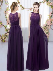 Floor Length Dark Purple Quinceanera Dama Dress Chiffon Sleeveless Lace