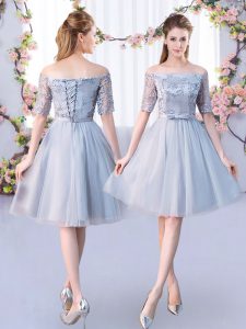 Grey Empire Lace and Belt Quinceanera Court Dresses Lace Up Tulle Short Sleeves Knee Length