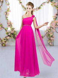 Artistic Chiffon One Shoulder Sleeveless Lace Up Beading and Hand Made Flower Quinceanera Dama Dress in Hot Pink