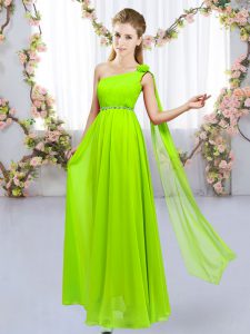Sleeveless Floor Length Beading and Hand Made Flower Lace Up Quinceanera Court Dresses with Yellow Green