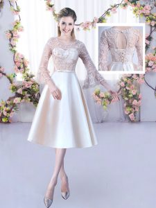Champagne 3 4 Length Sleeve Tea Length Lace and Belt Lace Up Quinceanera Dama Dress