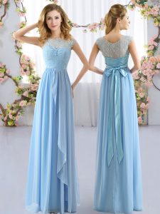 Scoop Cap Sleeves Quinceanera Dama Dress Floor Length Lace and Belt Light Blue Chiffon