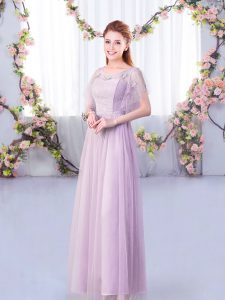 Floor Length Lavender Court Dresses for Sweet 16 Scoop Short Sleeves Side Zipper