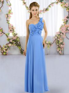 Blue Lace Up One Shoulder Hand Made Flower Court Dresses for Sweet 16 Chiffon Sleeveless