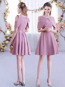 Pink Half Sleeves Mini Length Ruching Zipper Dama Dress