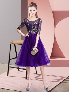 Pretty Purple Half Sleeves Embroidery Knee Length Dama Dress for Quinceanera