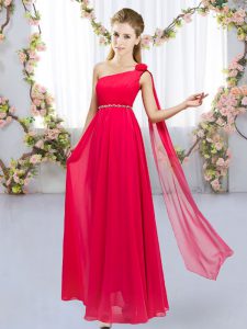 Trendy Floor Length Red Vestidos de Damas Chiffon Sleeveless Beading and Hand Made Flower