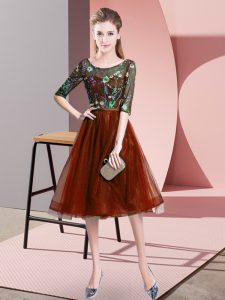 Luxury Scoop Half Sleeves Lace Up Vestidos de Damas Rust Red Tulle
