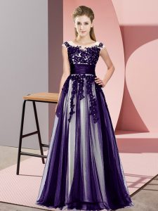 Fashion Purple Tulle Zipper Scoop Sleeveless Floor Length Quinceanera Dama Dress Beading and Lace
