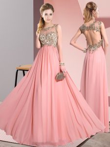 Fine Pink Backless Court Dresses for Sweet 16 Beading and Appliques Sleeveless Floor Length