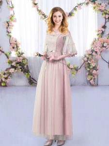 Off The Shoulder Half Sleeves Court Dresses for Sweet 16 Floor Length Lace and Belt Pink Tulle