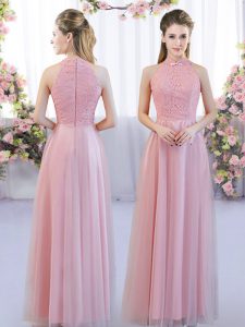 Pink Quinceanera Court of Honor Dress Wedding Party with Lace High-neck Sleeveless Zipper