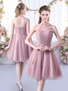 Fancy Pink Lace Up Halter Top Appliques and Belt Damas Dress Tulle Sleeveless