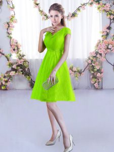 V-neck Cap Sleeves Lace Up Quinceanera Court Dresses Yellow Green Lace
