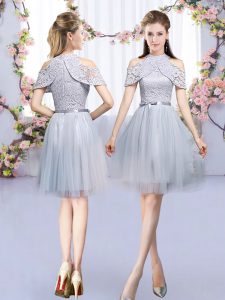 Tulle High-neck Sleeveless Zipper Lace and Belt Dama Dress in Grey