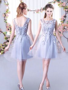Grey Tulle Lace Up Dama Dress for Quinceanera Sleeveless Mini Length Lace