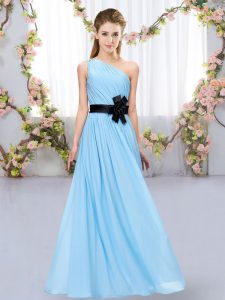 Luxury Aqua Blue Sleeveless Belt Floor Length Dama Dress