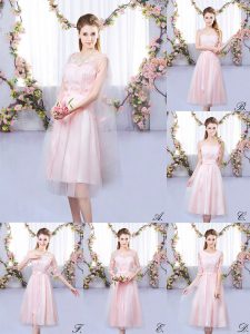 Stunning V-neck Sleeveless Court Dresses for Sweet 16 Tea Length Appliques Baby Pink Tulle