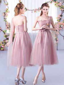 Tulle Sleeveless Tea Length Dama Dress and Appliques and Belt