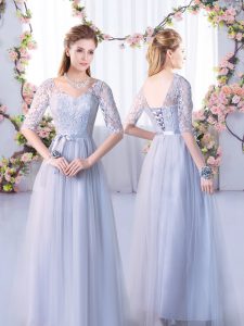 Dazzling Grey Empire Lace Damas Dress Lace Up Tulle Half Sleeves Floor Length