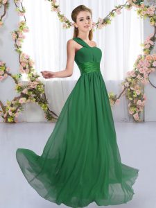Fantastic One Shoulder Sleeveless Dama Dress Floor Length Ruching Dark Green Chiffon