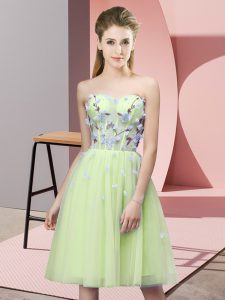 Fabulous Sleeveless Tulle Knee Length Lace Up Quinceanera Court Dresses in Yellow Green with Appliques