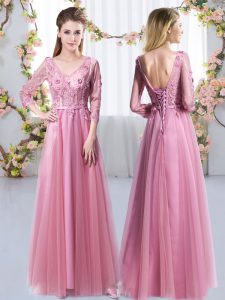 Graceful Pink Tulle Lace Up Damas Dress 3 4 Length Sleeve Floor Length Lace and Appliques