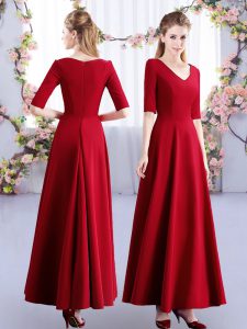 Ankle Length Wine Red Quinceanera Court Dresses Satin Half Sleeves Ruching
