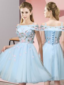 Light Blue Empire Tulle Off The Shoulder Short Sleeves Appliques Knee Length Lace Up Quinceanera Court of Honor Dress