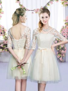 Edgy Champagne Half Sleeves Lace and Bowknot Mini Length Court Dresses for Sweet 16