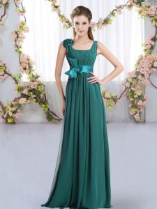 Glorious Straps Sleeveless Quinceanera Dama Dress Floor Length Belt and Hand Made Flower Peacock Green Chiffon